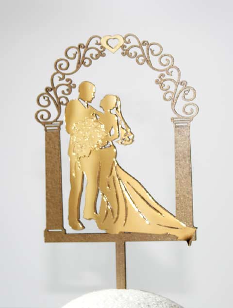 topper cake mariage couple arcade fleurs cœur doré miroir découpe laser
