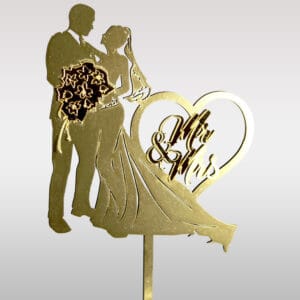 Topper Cake Couple Mr & Mrs Cœur Élégant — Décoration Gâteau Mariage Doré Miroir
