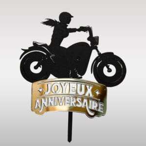 Topper Cake Femme Biker Affirmée — Décoration Gâteau Anniversaire Motarde Grosse Cylindrée