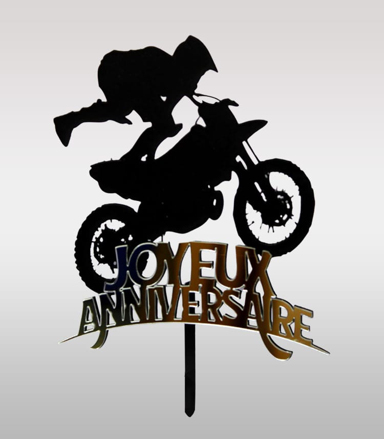 topper cake motocross rider bois noir plaque doré miroir découpe laser