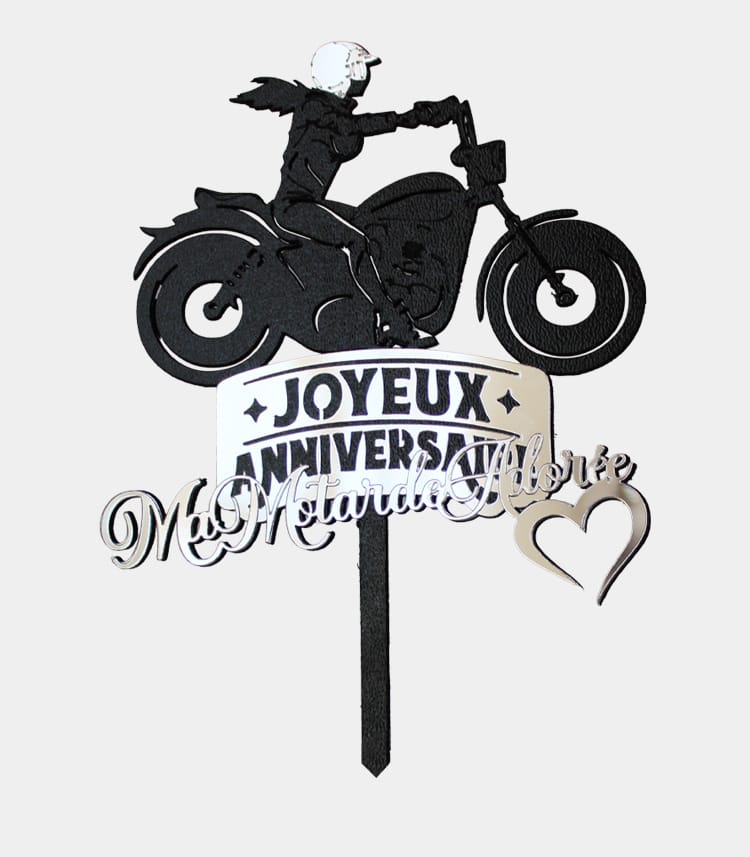 Topper à gâteau femme biker en acrylique argent miroir avec inscription Joyeux anniversaire ma motarde adorée découpe laser
