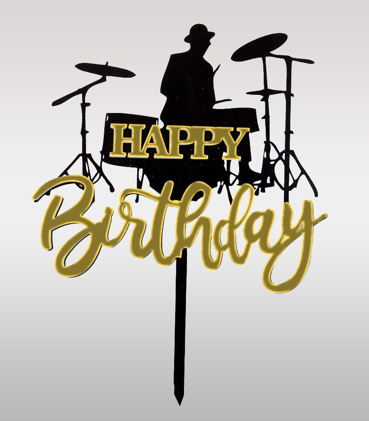 topper cake musicien batteur bois noir batterie acrylique doré découpe laser