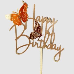 Topper Cake Happy Birthday Papillons — Décoration Gâteau Anniversaire Doré Rose