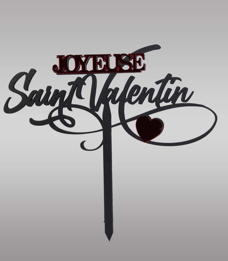 topper cake saint valentin bois noir cœurs rouge miroir découpe laser