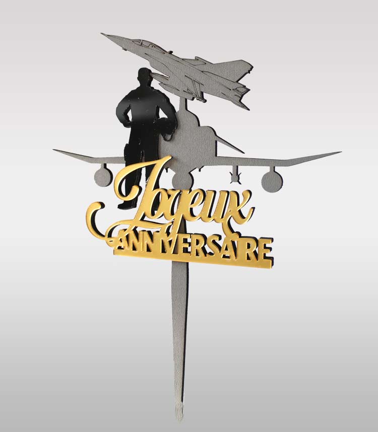 topper cake avion chasse pilote bois argent noir acrylique argent miroir découpe laser