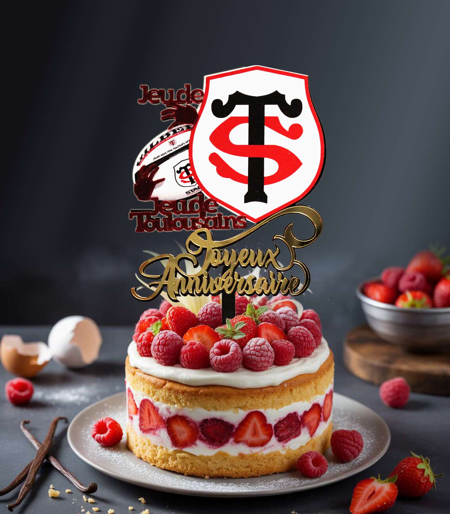 topper cake stade toulousain ballon rugby mains slogan jeu de main jeu de toulousain joyeux anniversaire doré