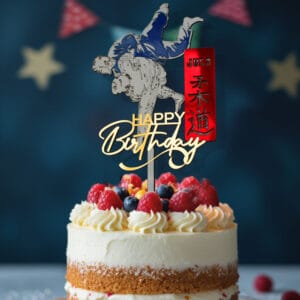 topper cake judo premium deux judokas prise blanc bleu plaque rouge kanji happy birthday doré miroir