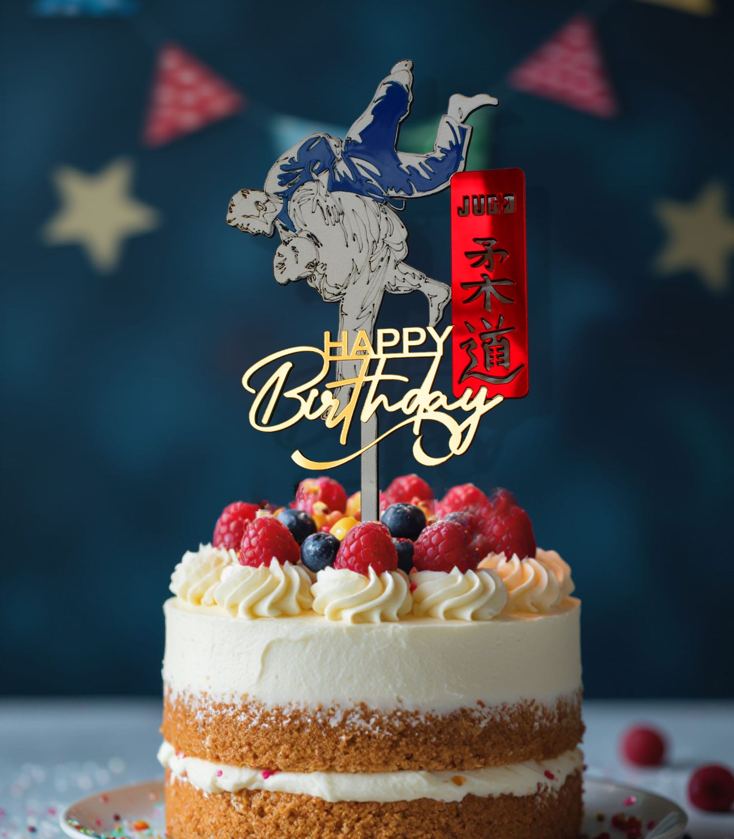 topper cake judo premium deux judokas prise blanc bleu plaque rouge kanji happy birthday doré miroir