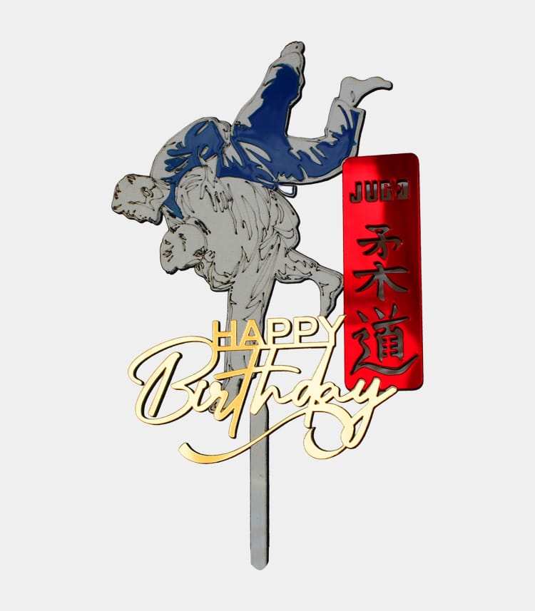 Topper Cake Judo Premium Élégant — Décoration Gâteau Anniversaire 2 Judokas Kanji Doré – Image 2