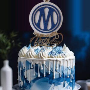 Topper Cake Olympique de Marseille avec nouveau logo OM en acrylique bleu et blanc et Birthday miroir doré
