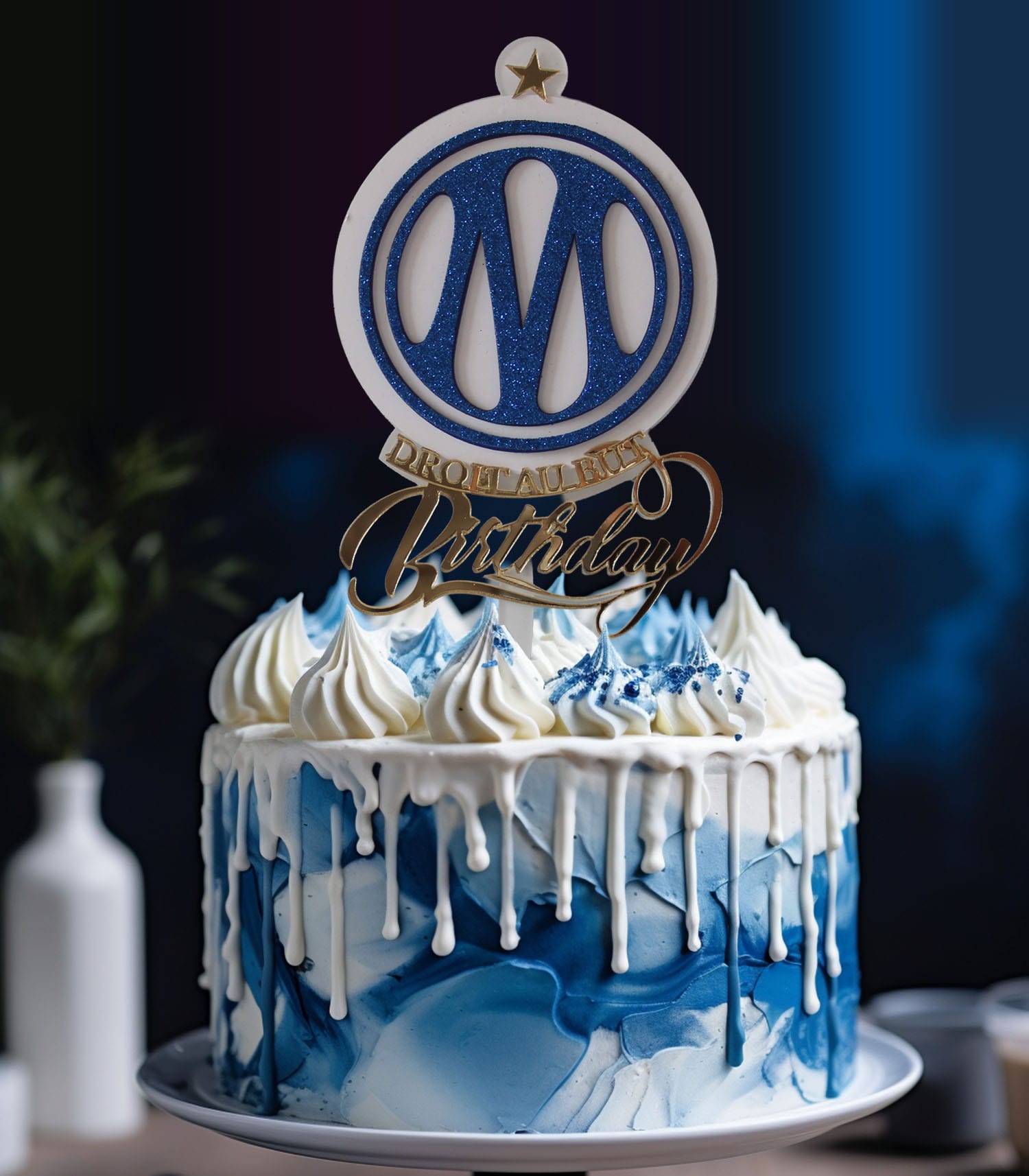 Topper Cake Olympique de Marseille avec nouveau logo OM en acrylique bleu et blanc et Birthday miroir doré