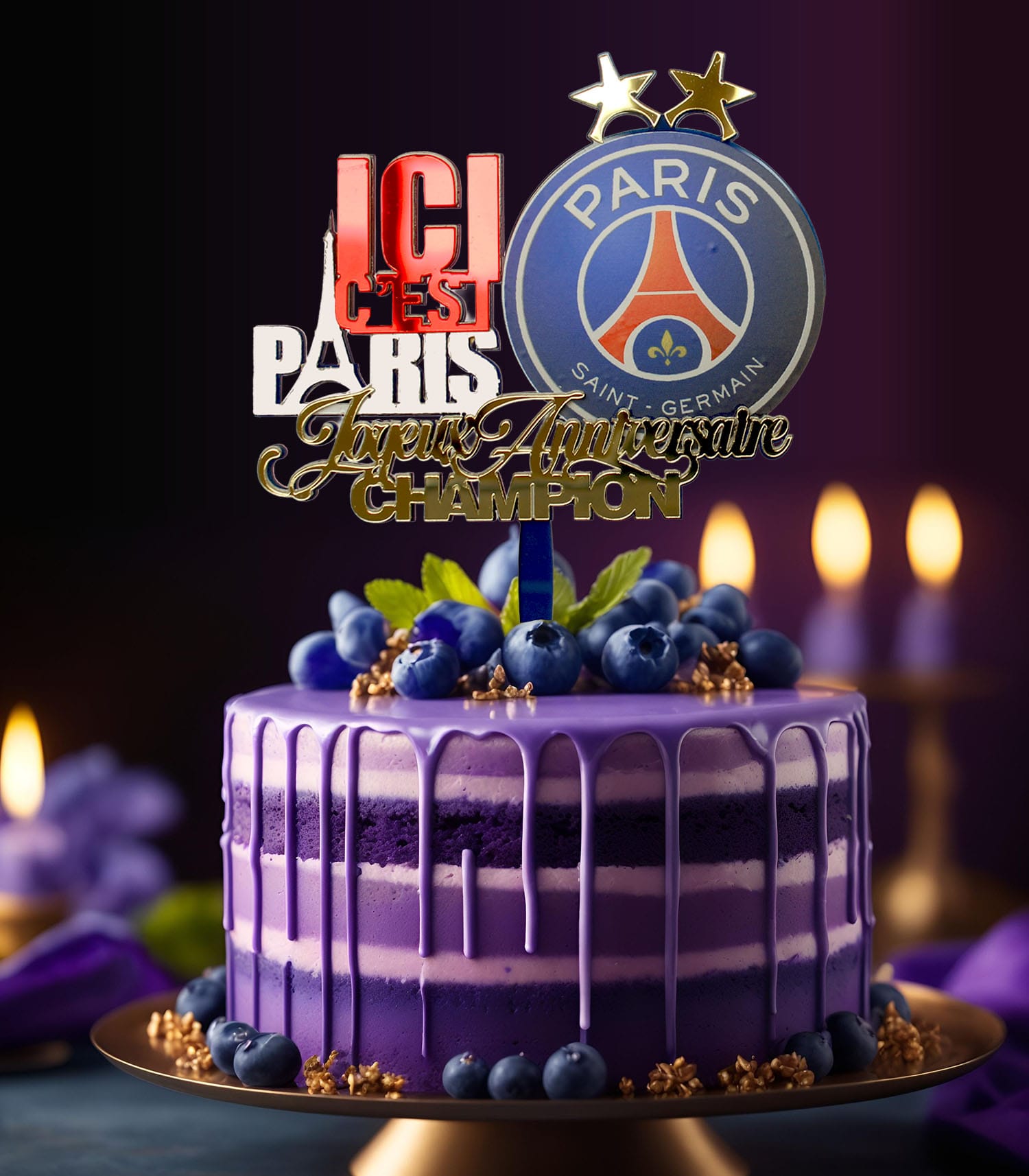 Topper gâteau PSG Ici c'est Paris avec deux étoiles championnat