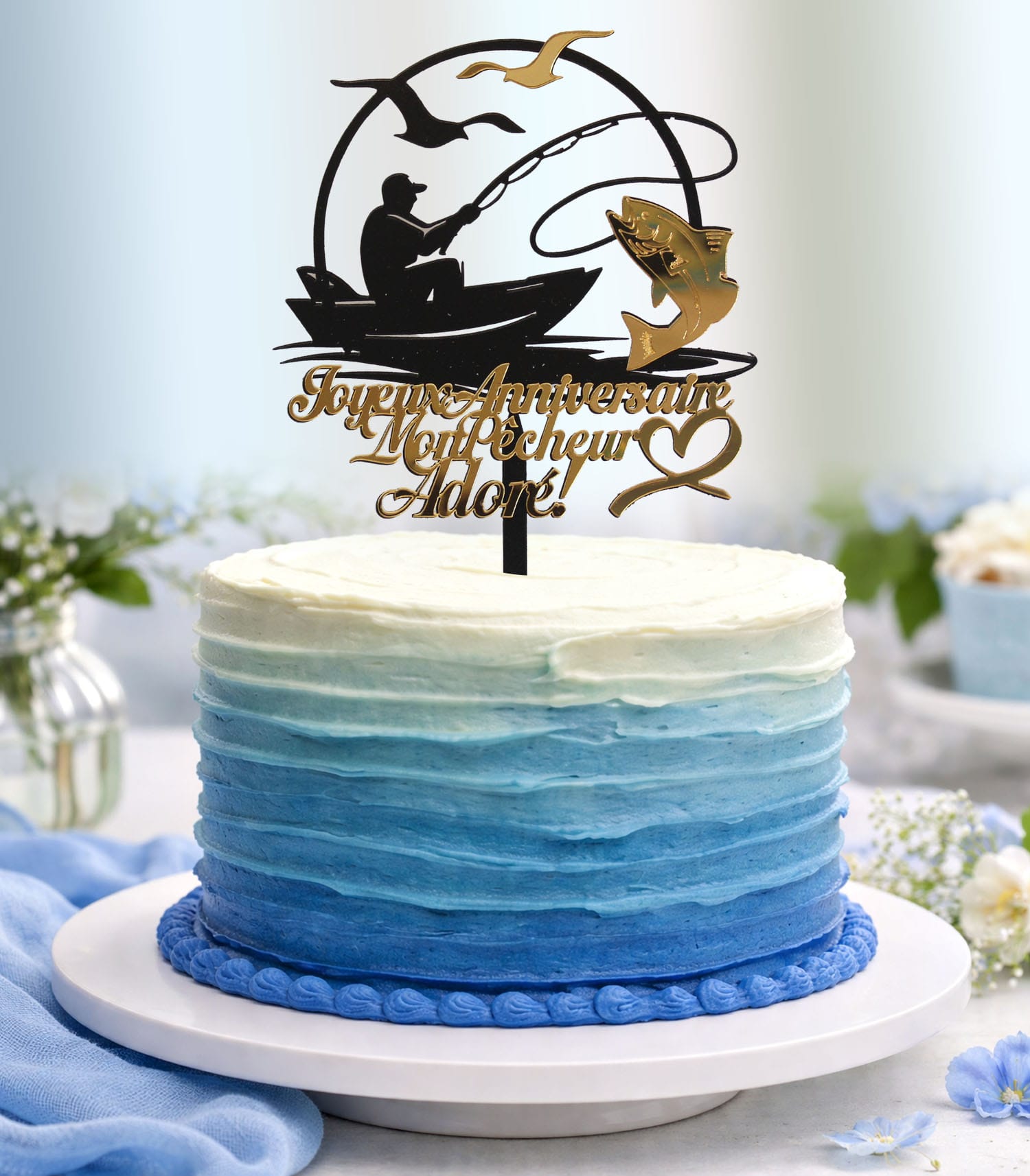 Cake topper pêcheur fibre de bois noir Joyeux Anniversaire doré miroir