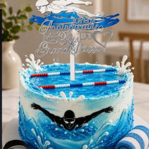 Cake topper natation homme papillon roi du grand bassin argent miroir
