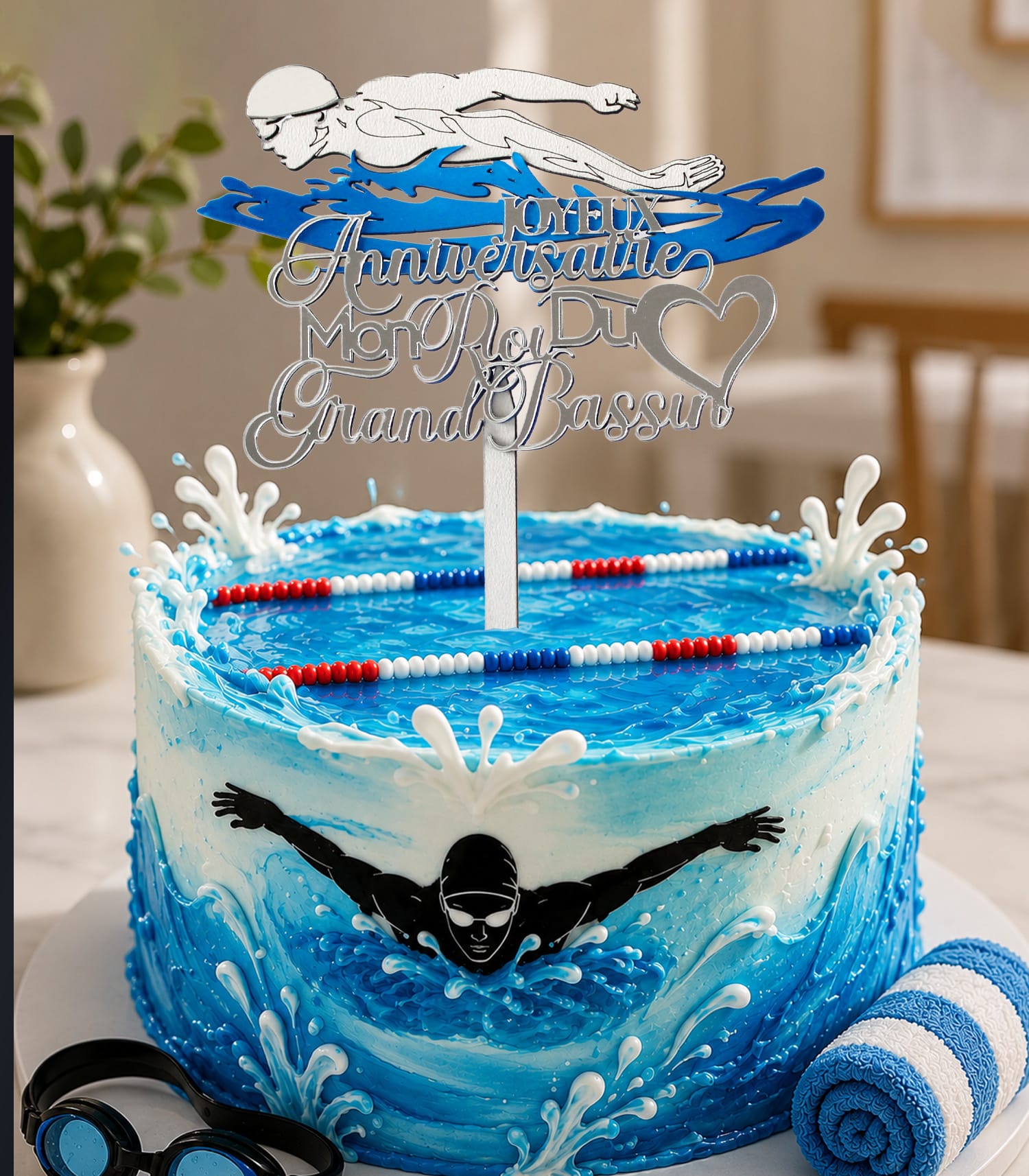 Cake topper natation homme papillon roi du grand bassin argent miroir