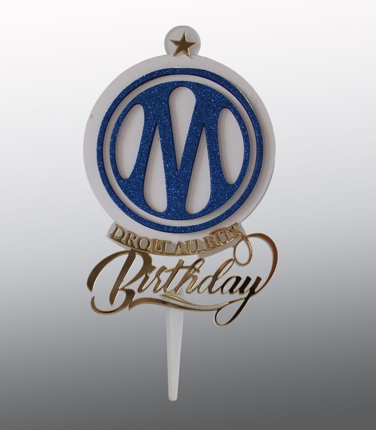 Topper Cake Olympique de Marseille nouveau logo en découpe laser acrylique bleu blanc et miroir doré