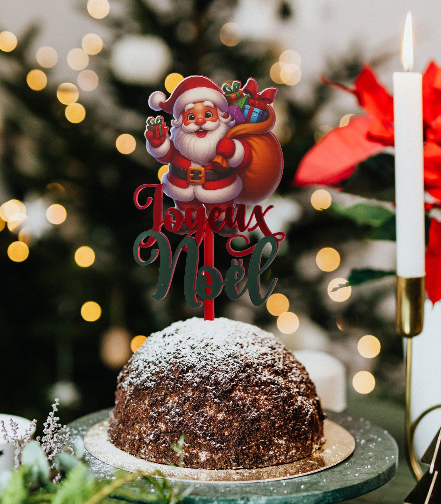 Cake topper Noël acrylique Père Noël sac cadeaux Joyeux Noël doré miroir