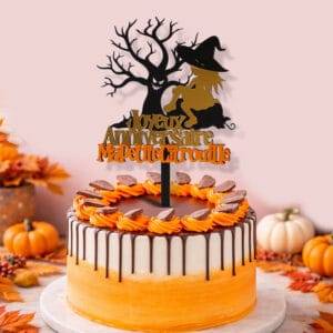 Topper à gâteau découpe arbre terrifiant aux yeux et bouche, petite fille au chapeau de sorcière assise sur une citrouille, inscription Joyeux anniversaire en doré miroir et Ma petite citrouille en orange