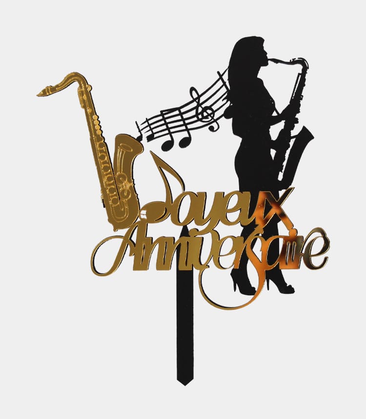 Topper à gâteau saxophoniste femme en fibre de bois noir avec notes de musique, inscription Joyeux anniversaire doré miroir, découpe laser