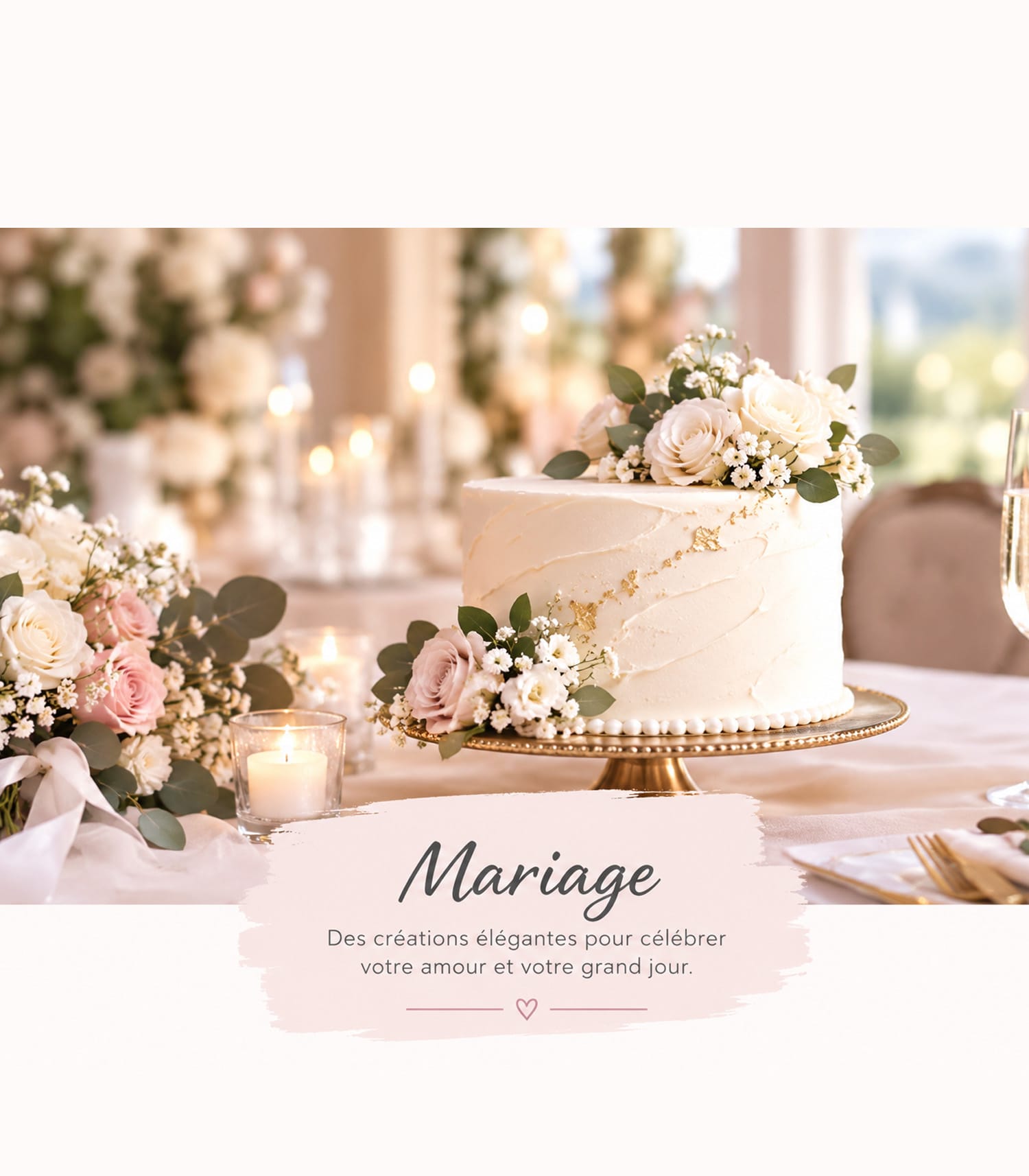Gâteau de mariage élégant décoré de fleurs, bougies et détails dorés dans une ambiance romantique
