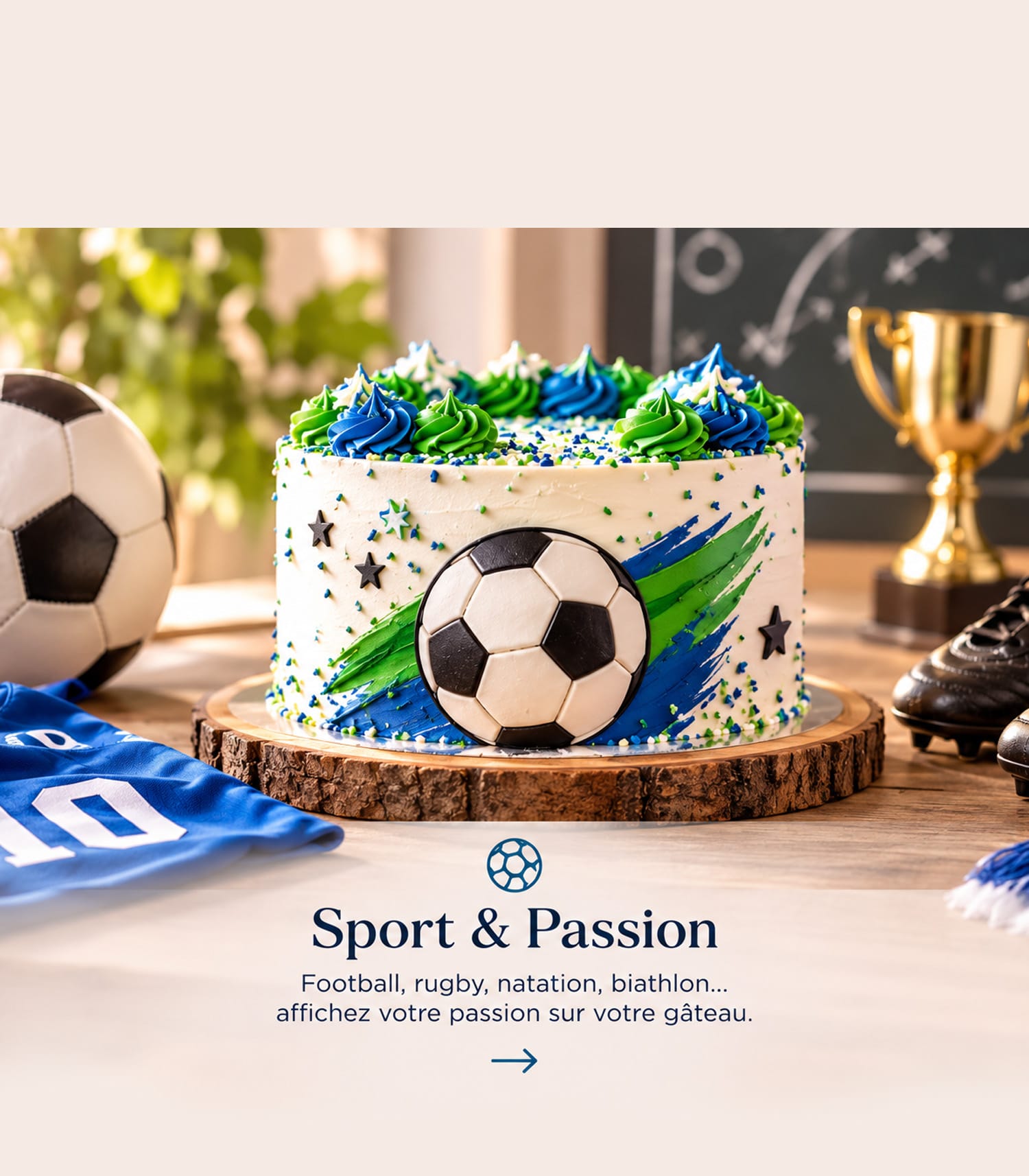 Gâteau décoré sur le thème du football avec ballon, maillot, chaussures et trophée dans une ambiance sportive